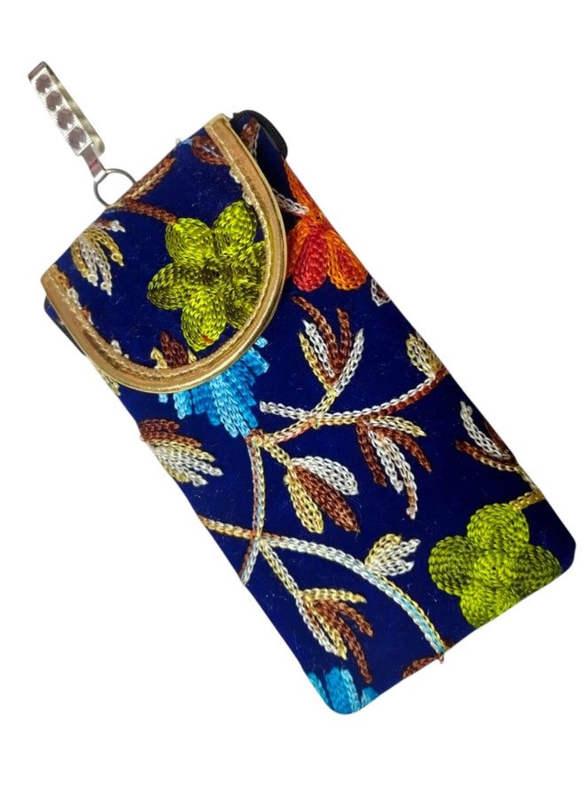 SUMERA WARQ Embroidered Mobile Pouch Cover, Navy Blue Floral Design, Handmade Ethnic Sling Bag with Clip (Blue) - Image 1